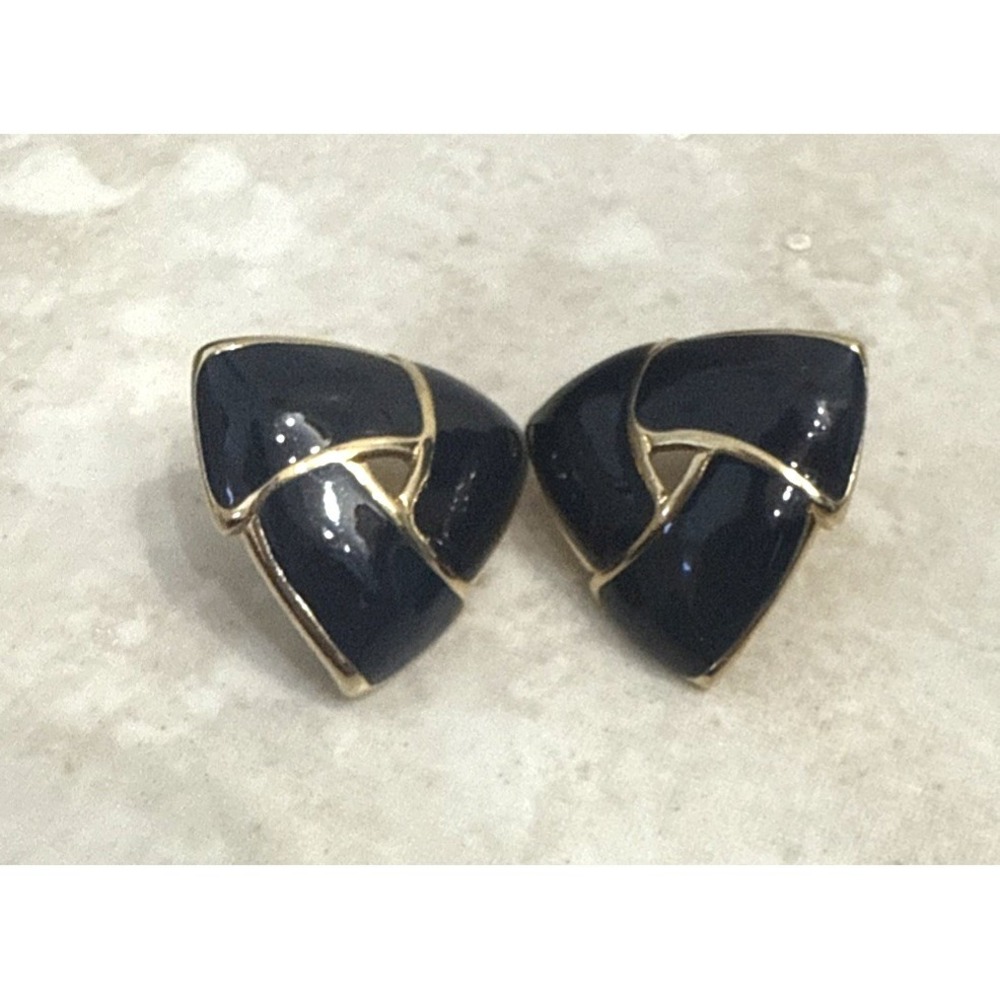 Monet Vintage Black Enamel‎ Gold Tone Geometric Triangle Clip On Earrings